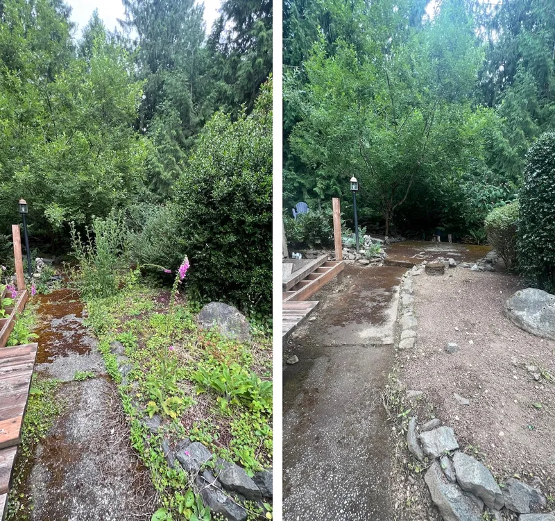 Before and after of a wooded path: overgrowth cleared to a clean gravel walkway with natural stone edging